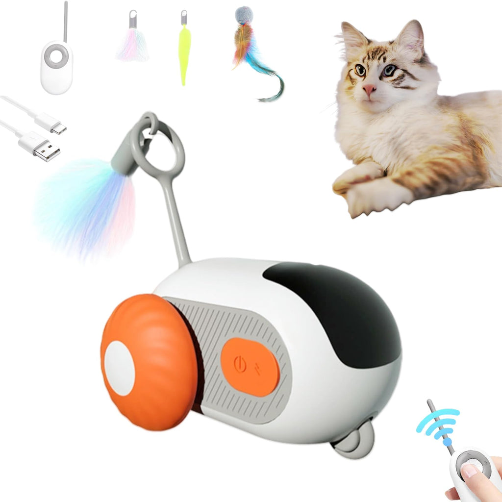 Turbo Tail 2.0 Cat Toy with 2-Speed Adjustment Remote Control Mouse Cat Toy USB Rechargeable Feature Remote Control Cat Toy with Feathers Interactive Cat Toys for Indoor Cats (Orange)